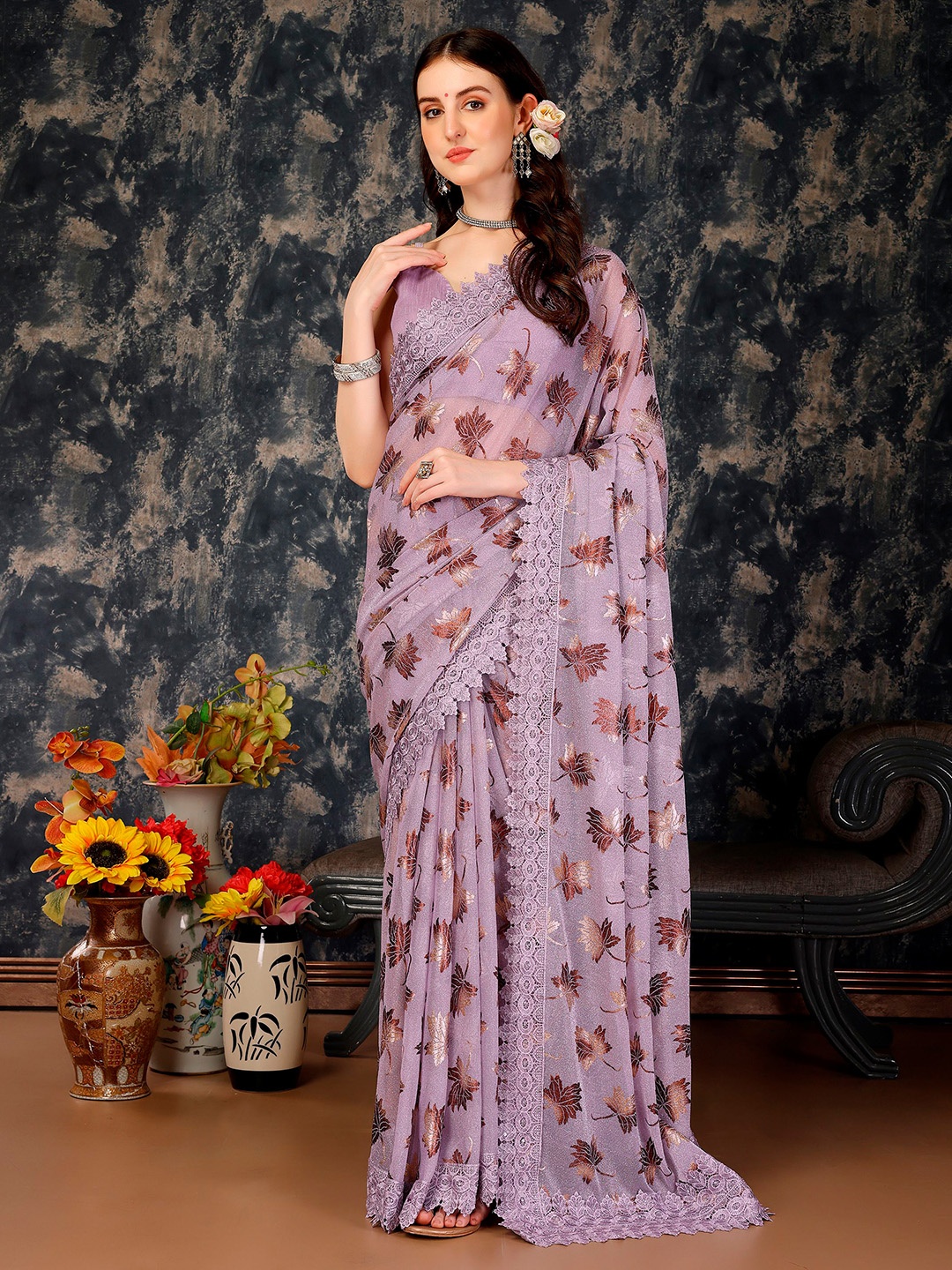 

Indian Women Floral Printed Beads And Stones Embellished Saree, Purple