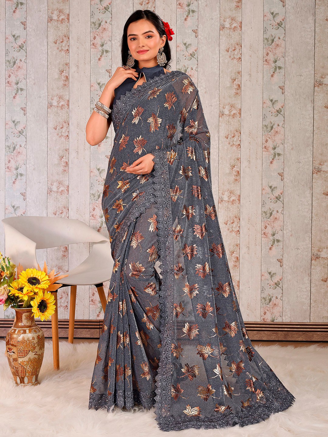 

Indian Women Floral Embroidered Saree, Blue