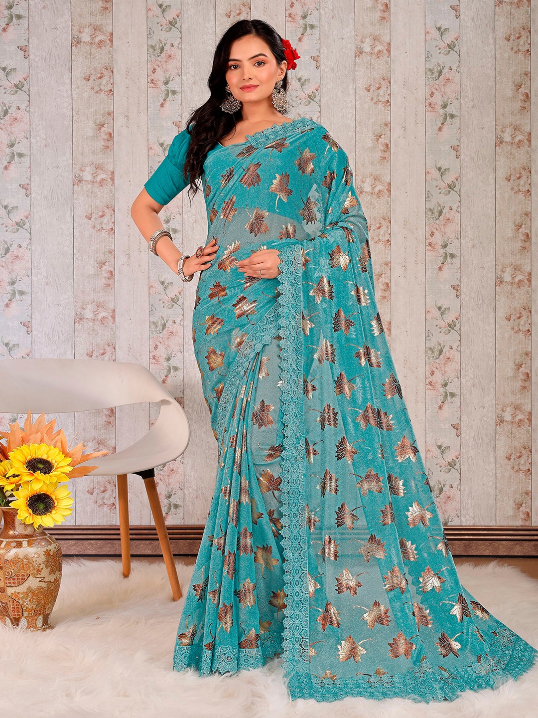 

Indian Women Floral Printed Beads And Stones Embellished Saree, Blue