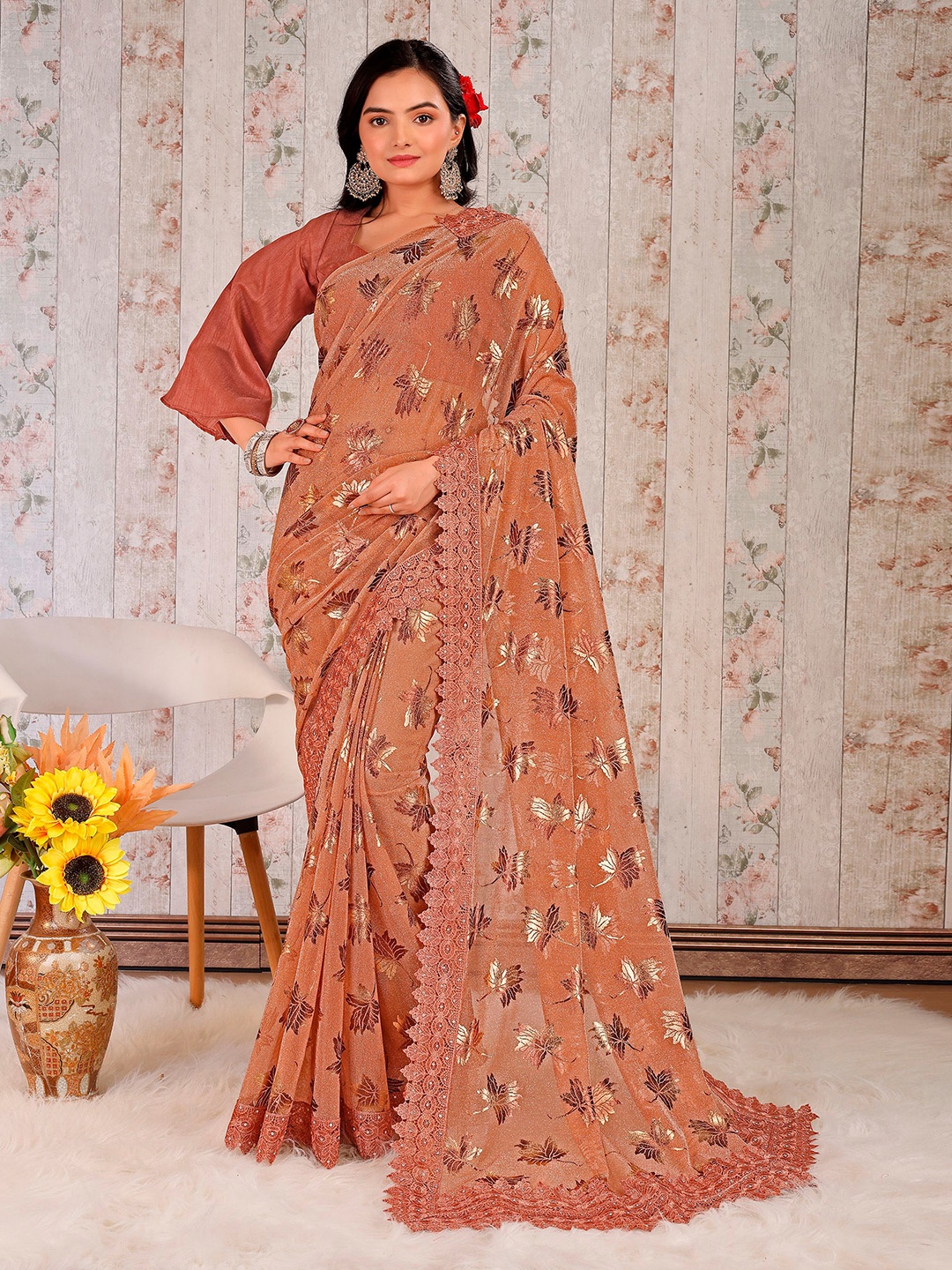 

Indian Women Floral Beads and Stones Saree, Peach