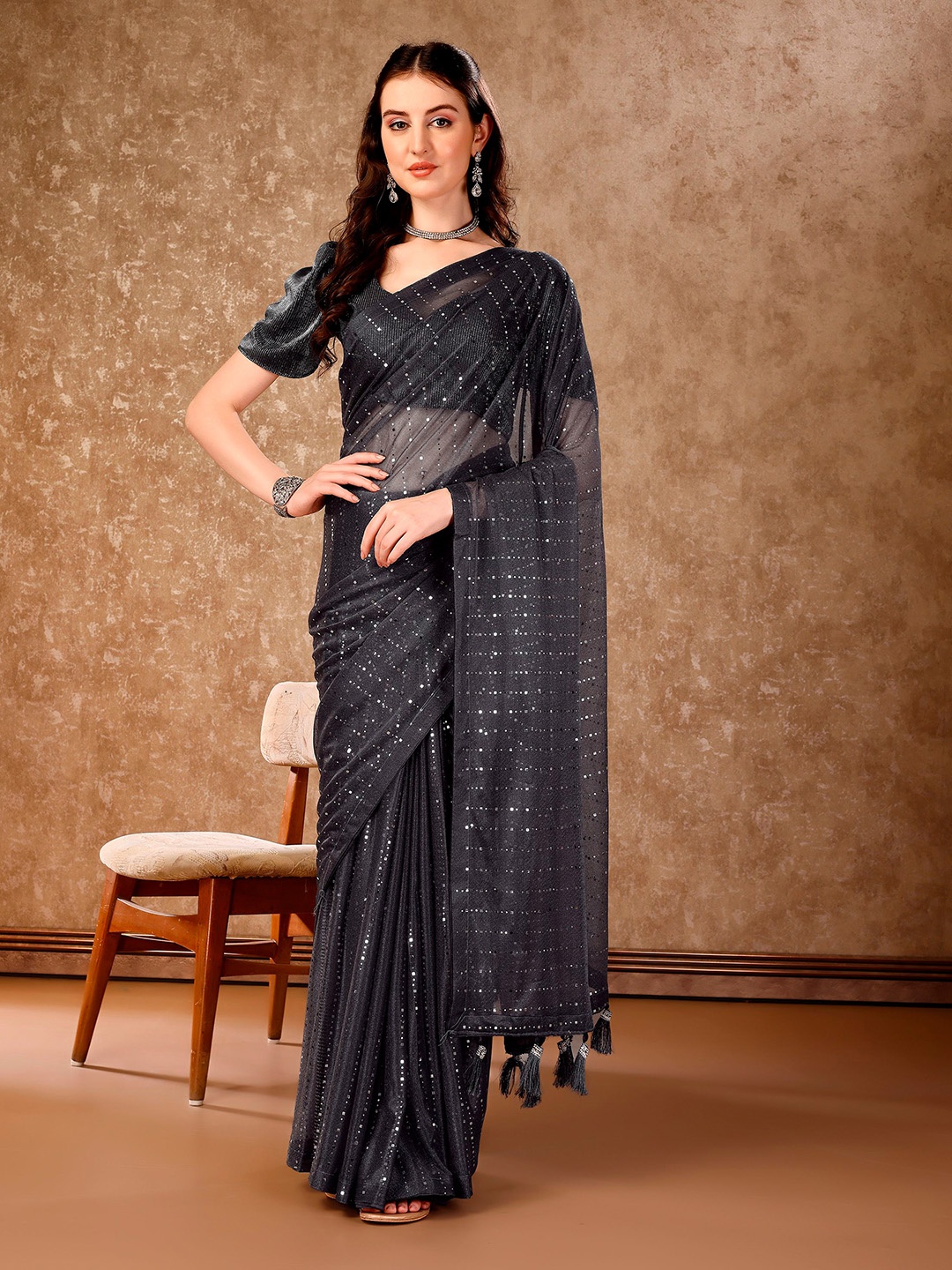 

Indian Women Embellished Beads and Stones Saree, Grey