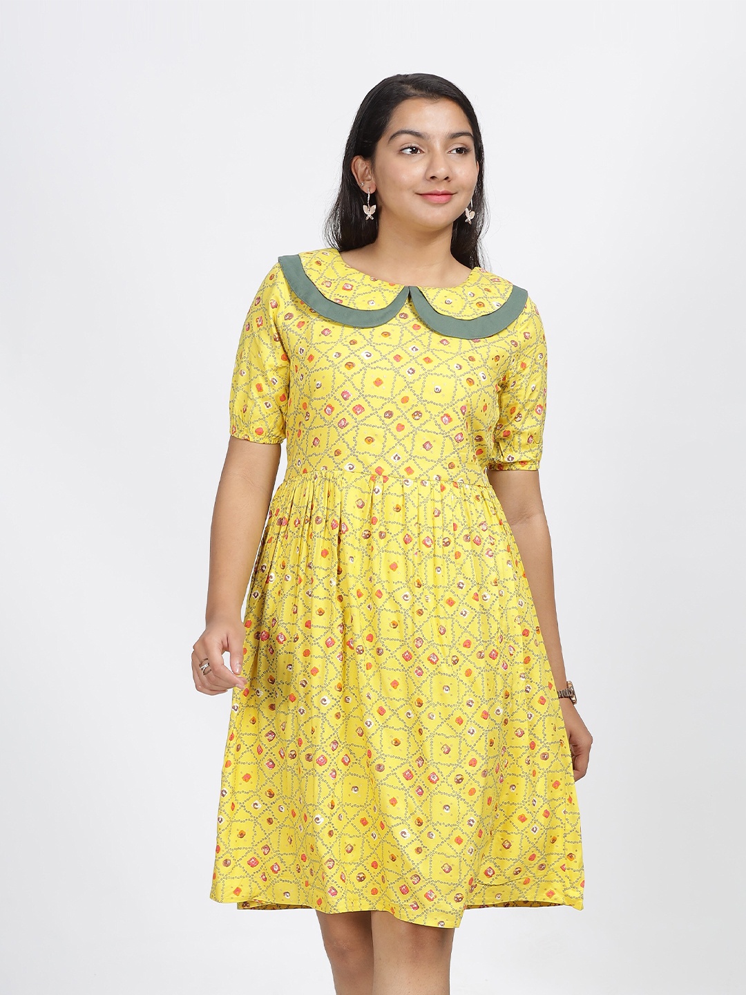 

IDAA Girls Floral Print Peter Pan Collar Fit & Flare Dress, Yellow