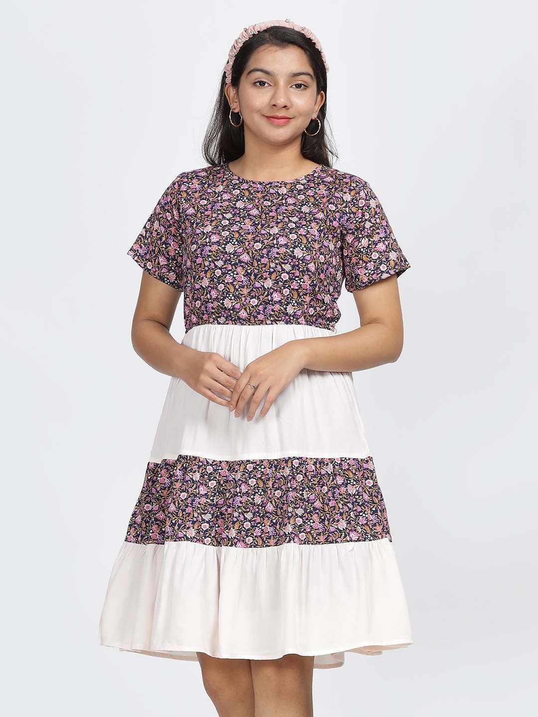 

IDAA Girls Round Neck Floral Print Fit & Flare Dress, Navy blue
