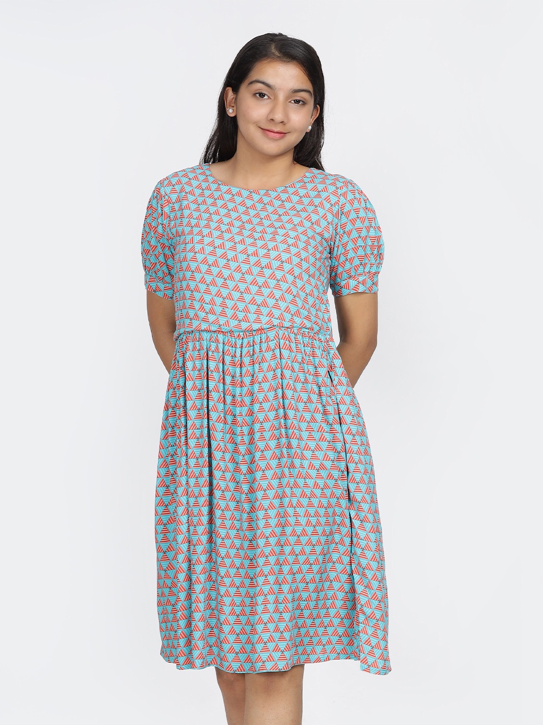 

IDAA Girls Round Neck Ethnic Motifs Print Fit & Flare Dress, Blue