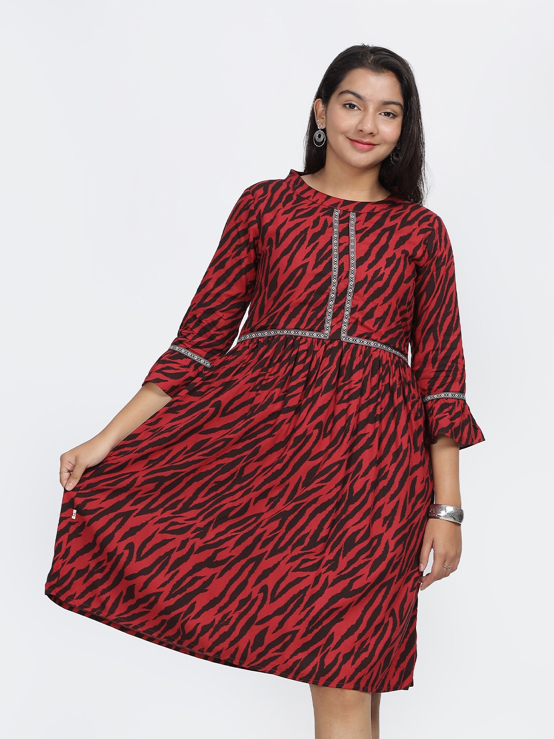 

IDAA Girls Animal Printed Gathered Detailed A-Line Dress, Red