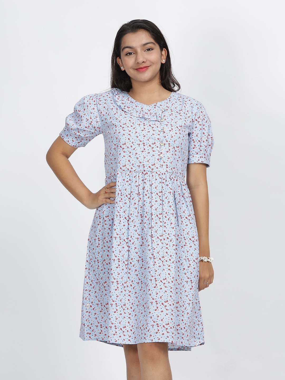 

IDAA Girls Round Neck Floral Print Puff Sleeve Fit & Flare Cotton Dress, Blue