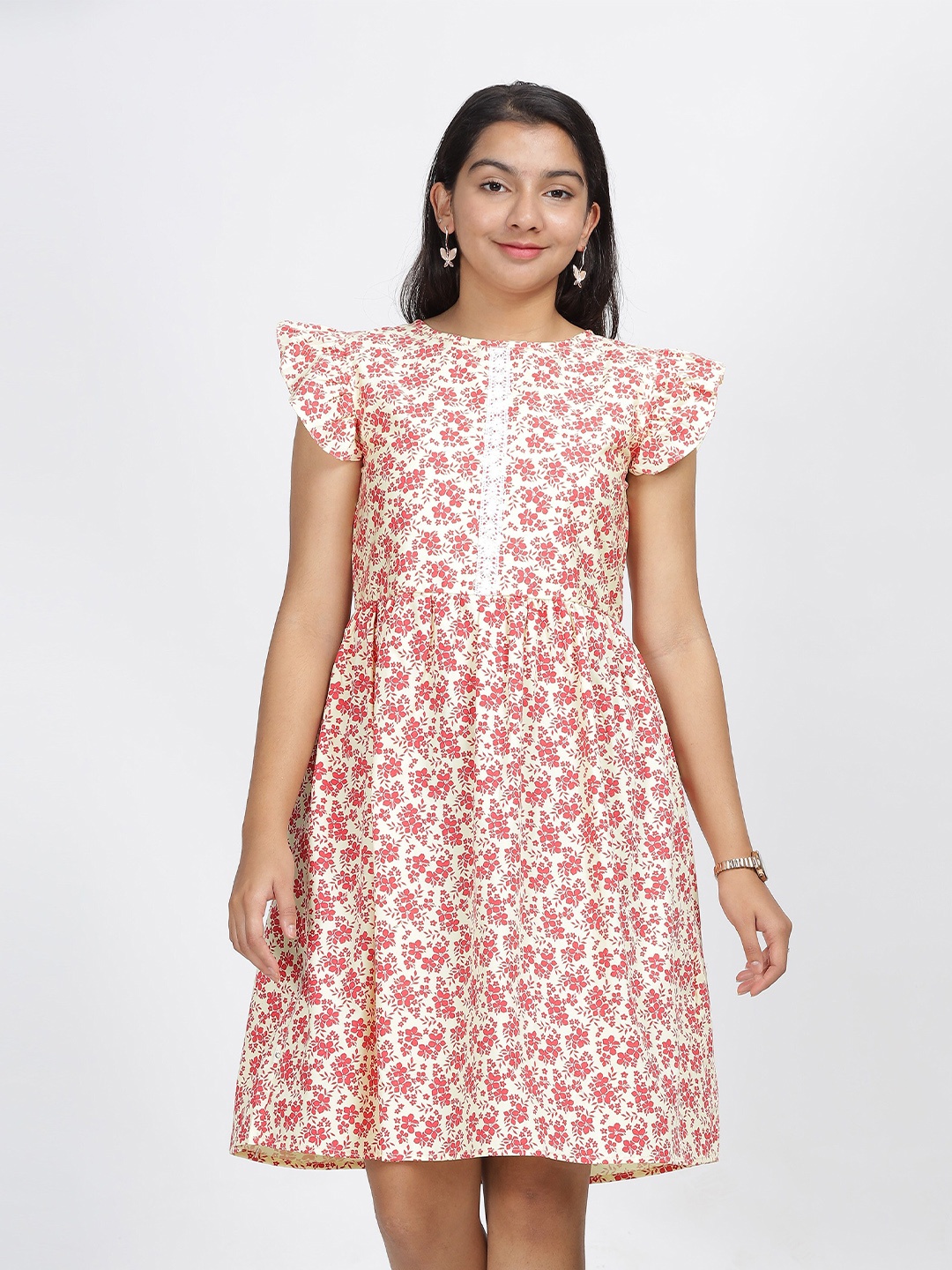 

IDAA Girls Round Neck Floral Print Flutter Sleeve Fit & Flare Dress, Red
