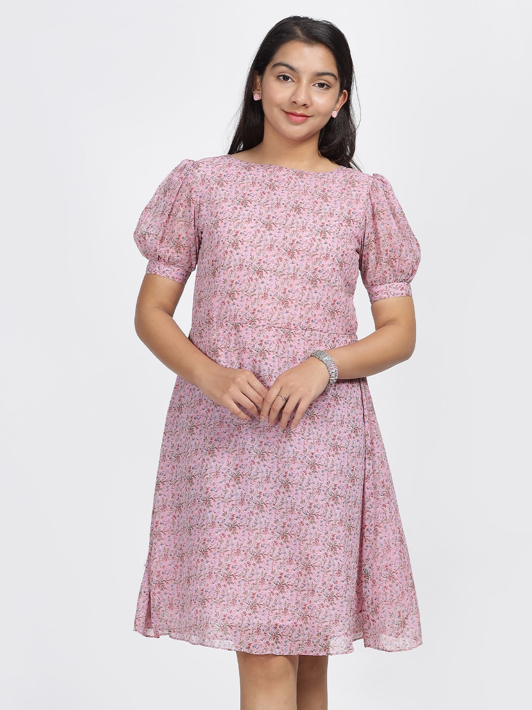 

IDAA Girls Round Neck Floral Print Puff Sleeve Georgette Fit & Flare Dress, Pink