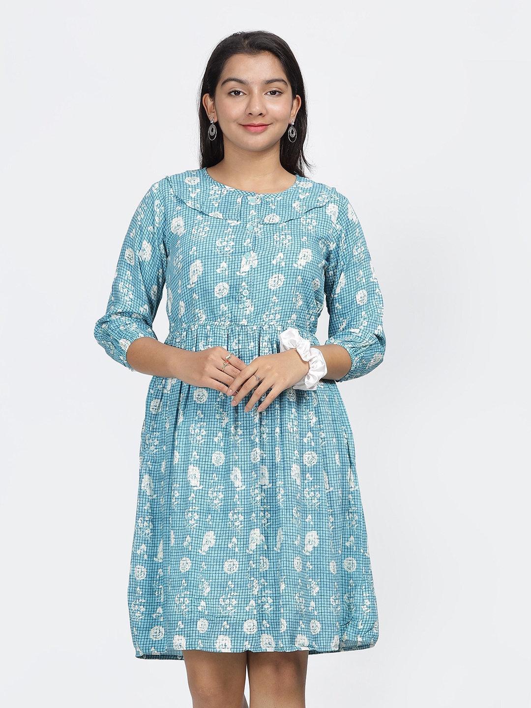 

IDAA Round Neck Floral Print Fit & Flare Dress, Blue