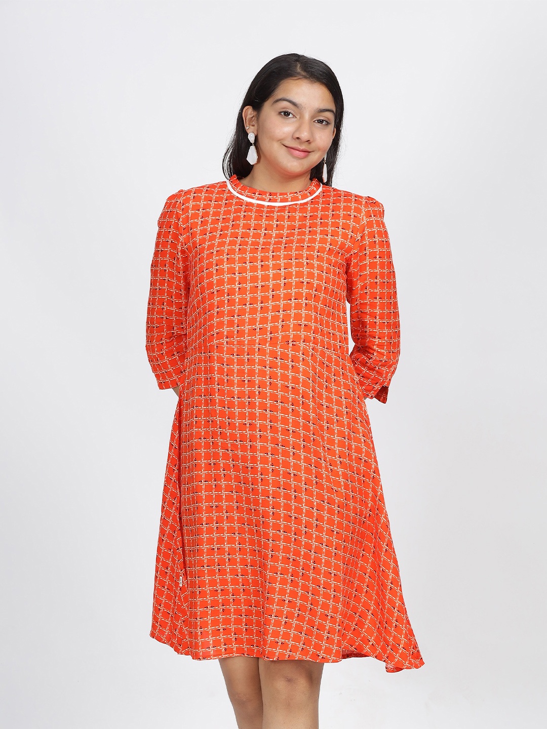 

IDAA Round Neck Print A-Line Dress, Orange