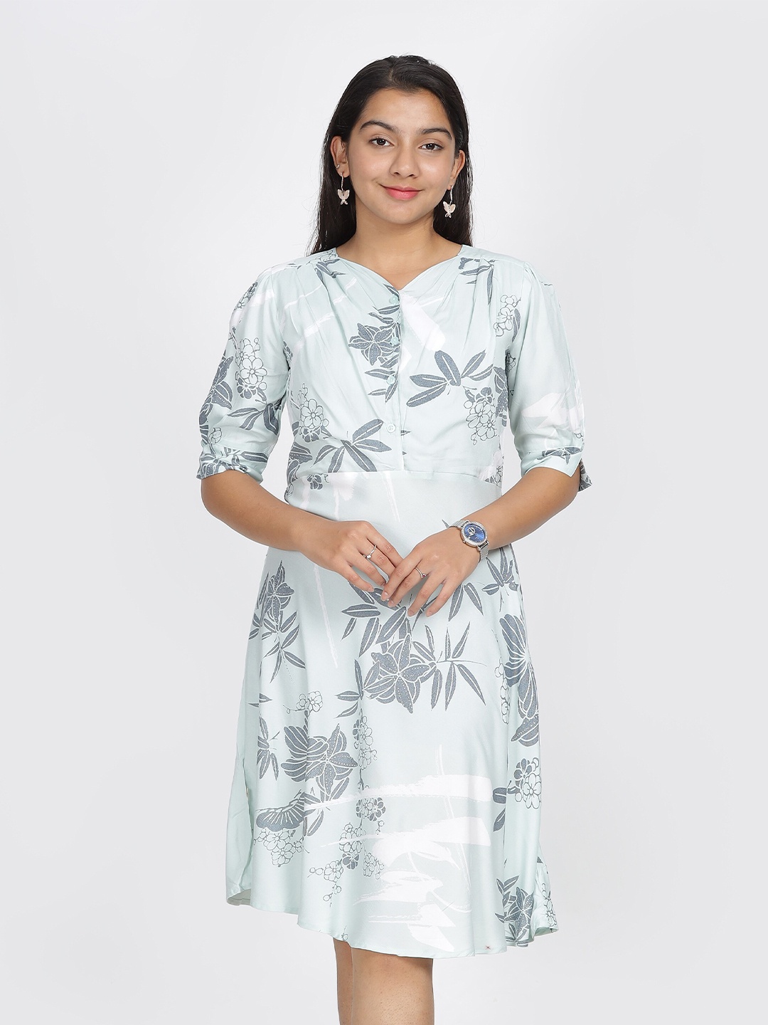 

IDAA Girls V-Neck Floral Print A-Line Dress, Green