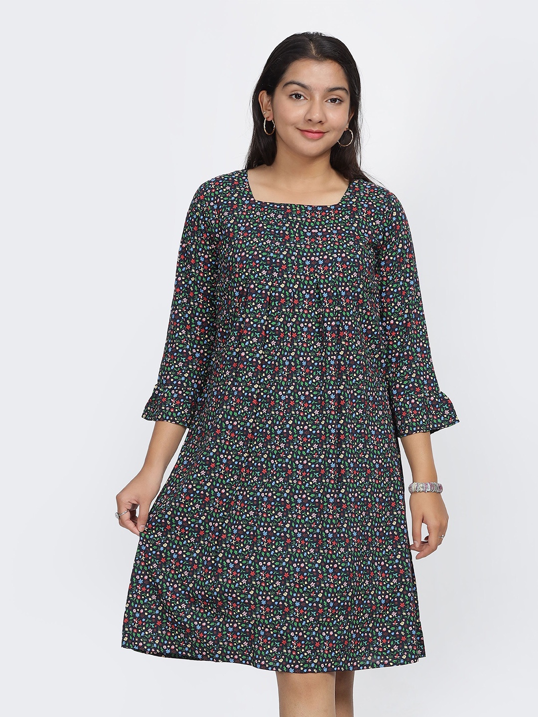

IDAA Girls Square Neck Floral Print A-Line Dress, Navy blue