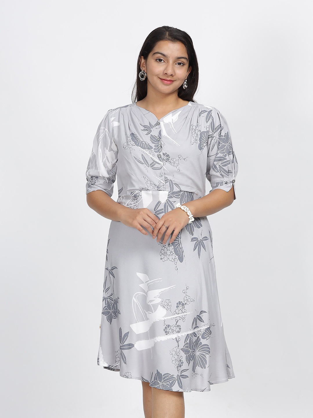 

IDAA Girls V-Neck Floral Print Fit & Flare Dress, Grey