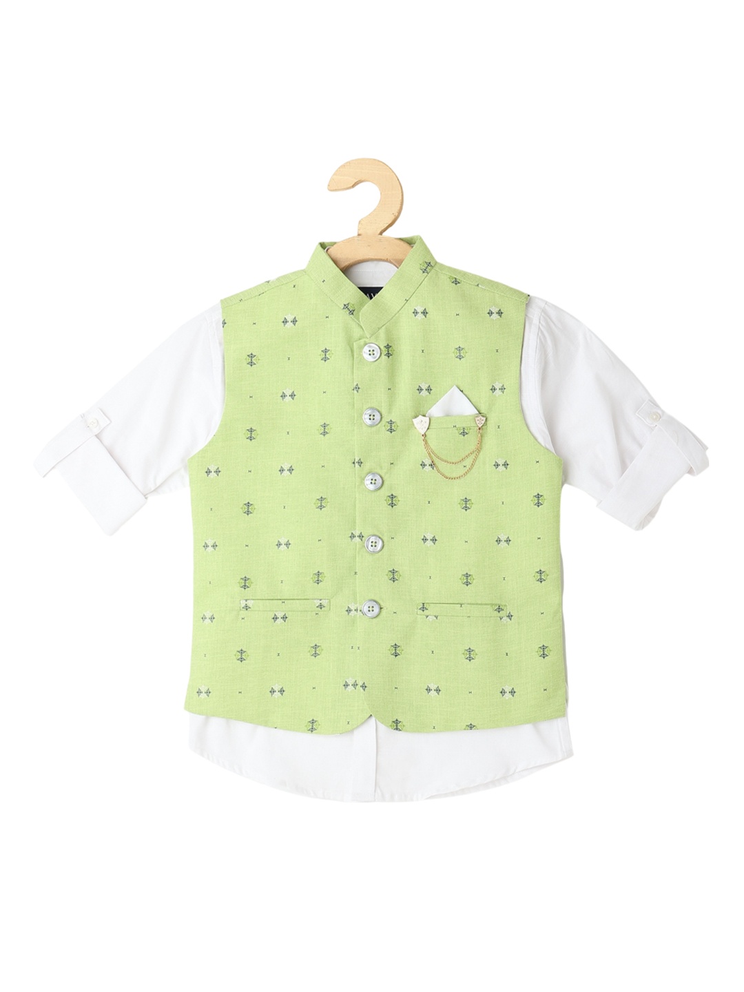 

CAVIO Boys Printed Pure Cotton Nehru Jacket With Shirt, Sea green