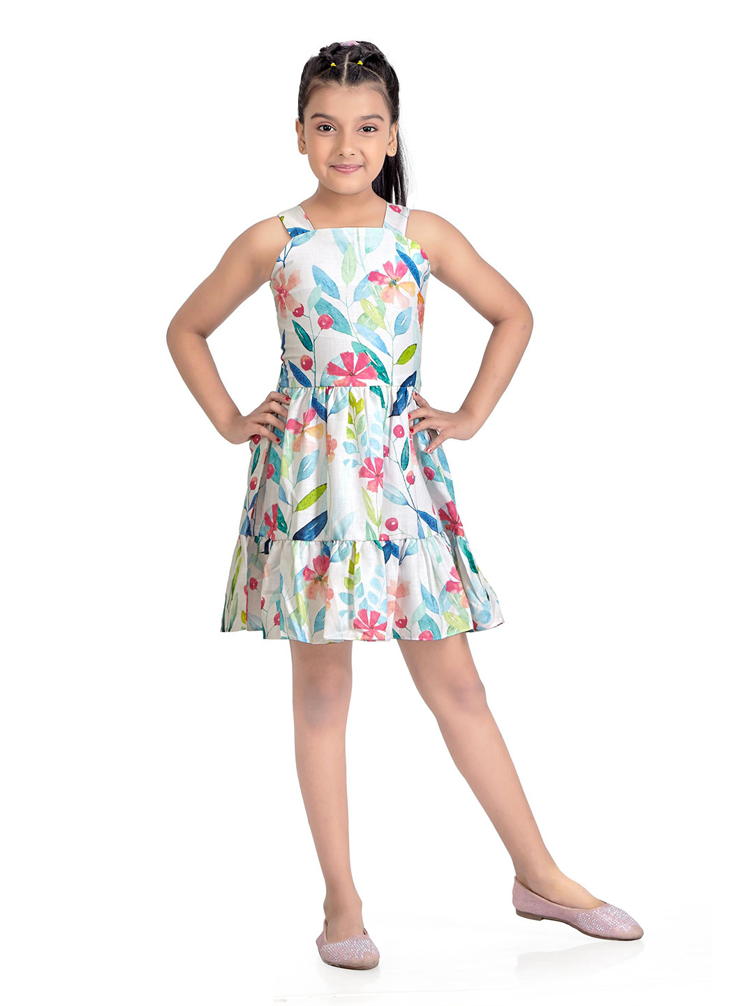 

Tiny Girl Floral Printed Square Neck Fit & Flare Dress, White