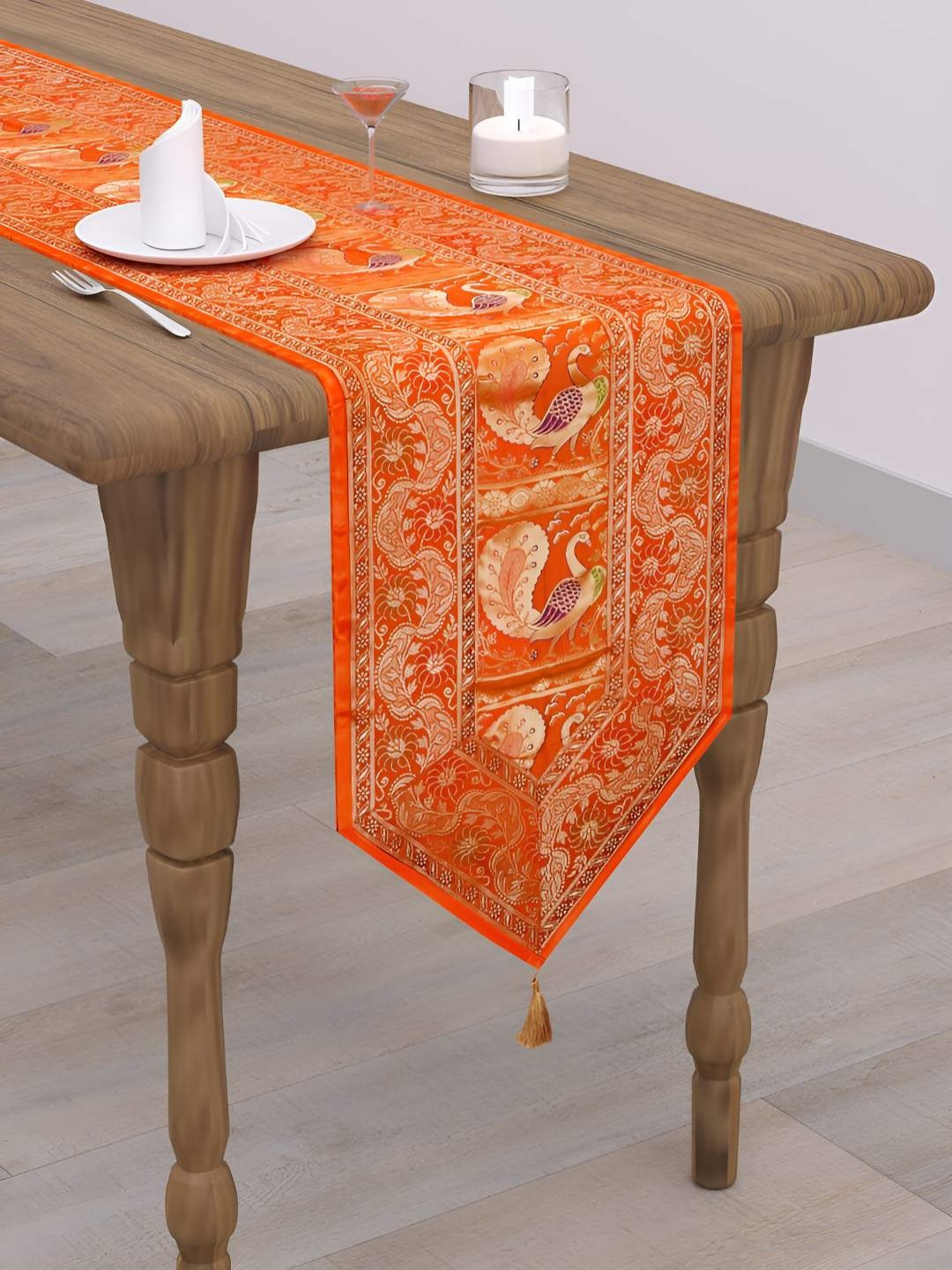 

E-Ezra Orange & Gold Toned Ethnic Motif-Printed Lightweight Table Runner