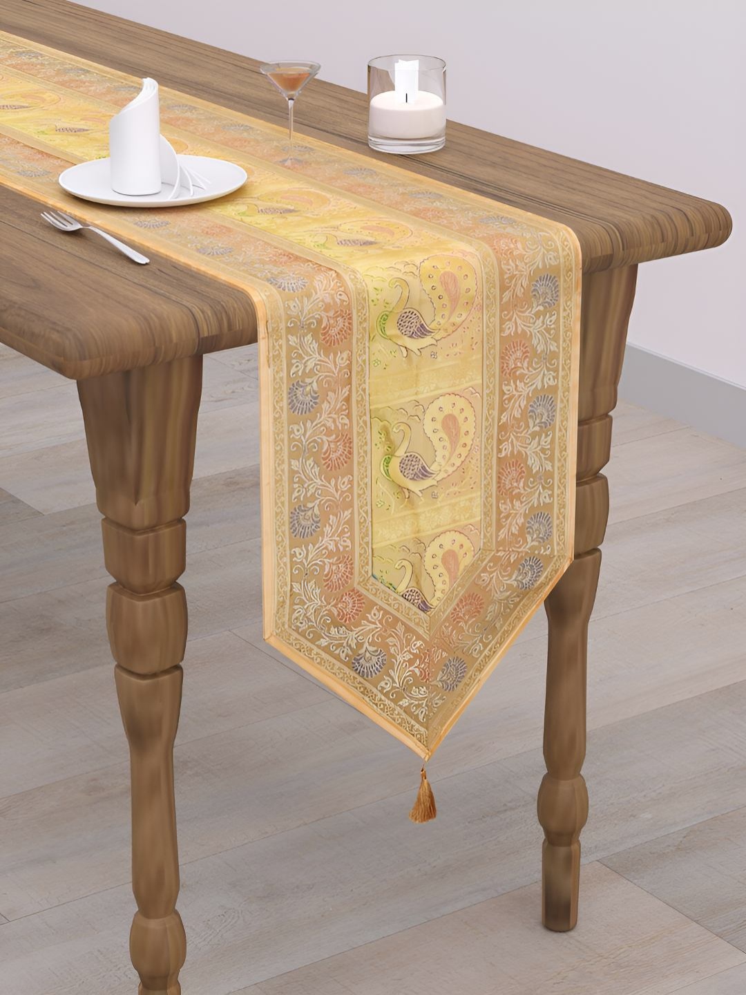 

E-Ezra Beige & Gold Toned Ethnic Motif Printed Lightweight Table Runner
