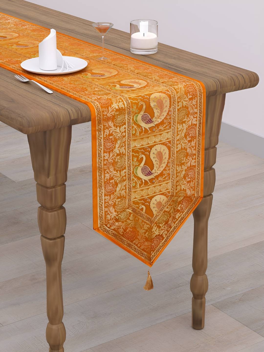 

E-Ezra Mustard Yellow & Gold Toned Ethnic Motif-Printed Lightweight Table Runner