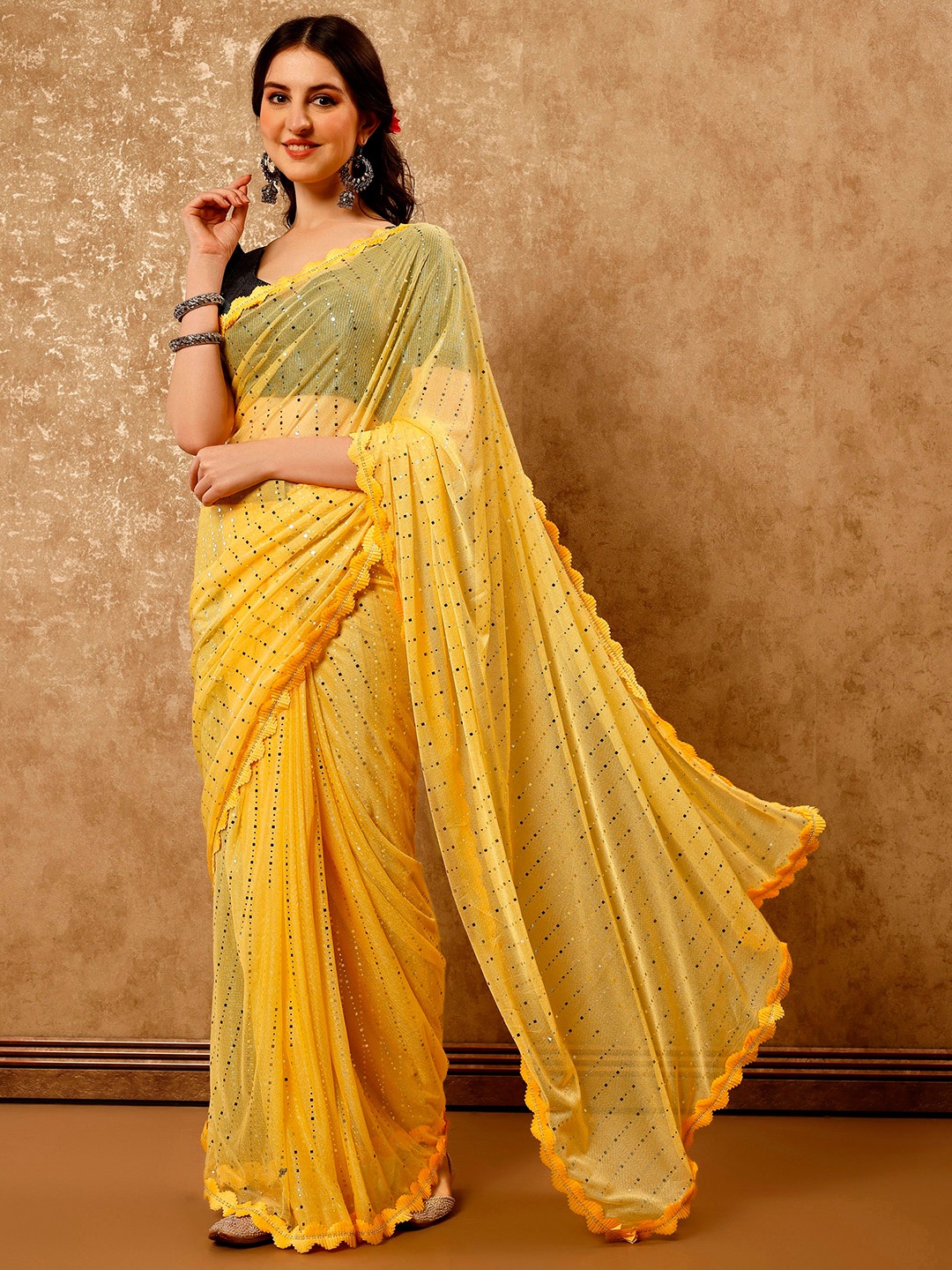 

Indian Women Embellished Beads and Stones Saree, Yellow