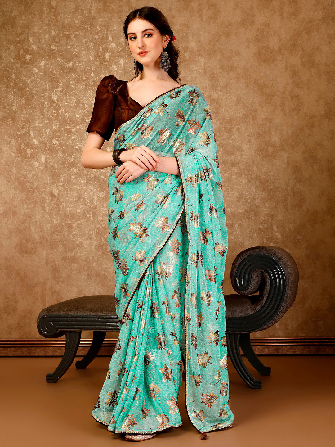 

Indian Women Floral Printed Saree, Green