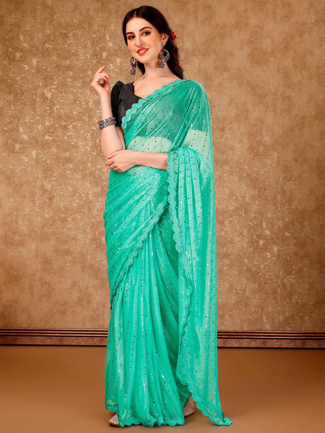 

Indian Women Beads And Stones Embellished Saree, Green