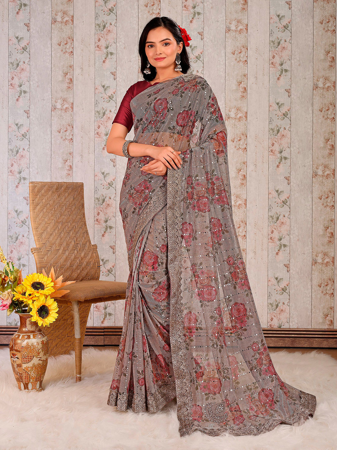 

Indian Women Floral Beads And Stones Saree, Grey