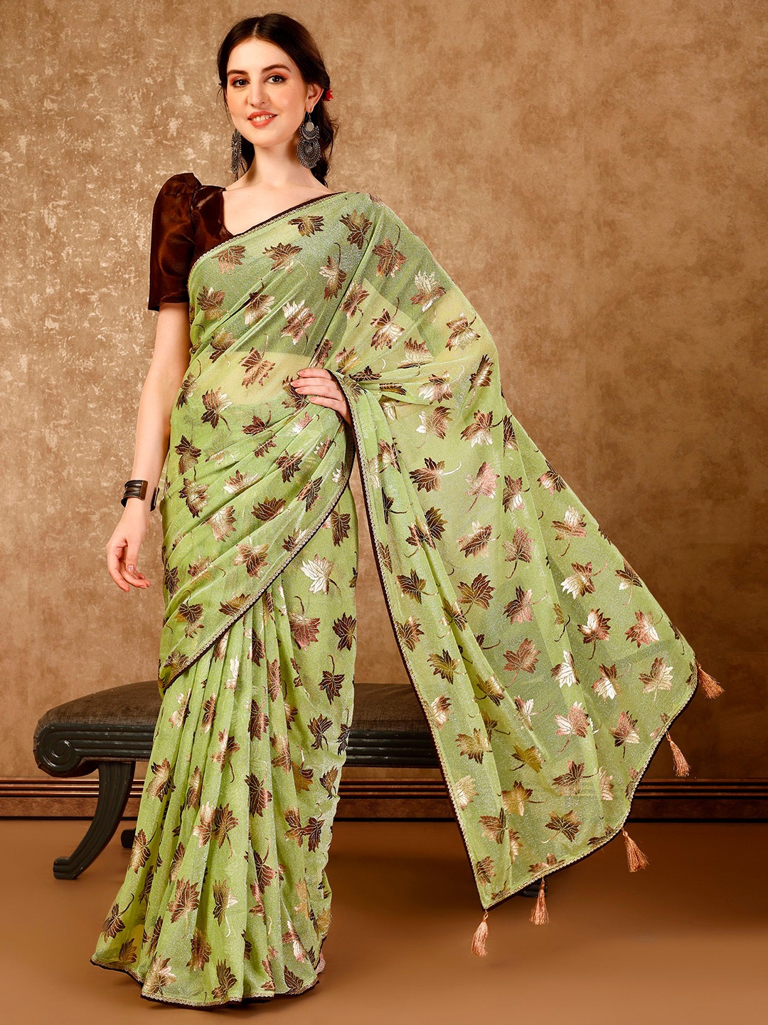 

Indian Women Floral Printed Embellished Saree, Green