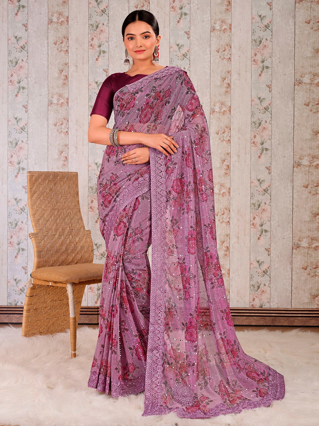 

Indian Women Floral Printed sequence Saree, Purple