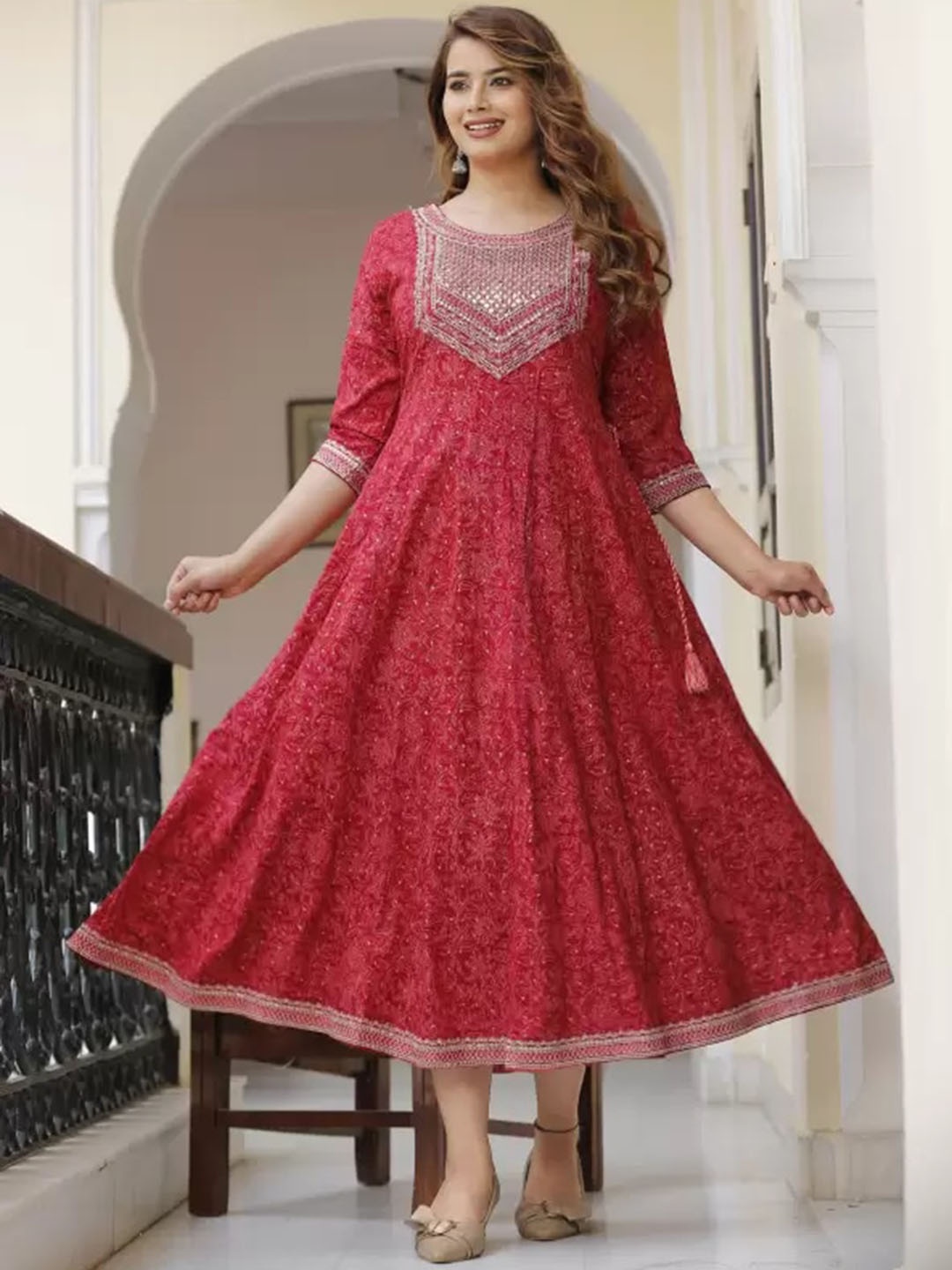 

KALINI Ethnic Motifs Printed Panelled A-Line Kurta, Maroon