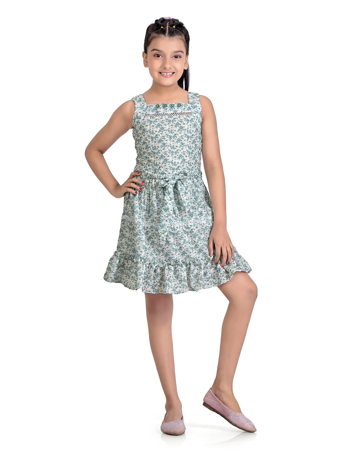 

Tiny Girls Floral Printed Square Neck Fit & Flare Dress, Off white