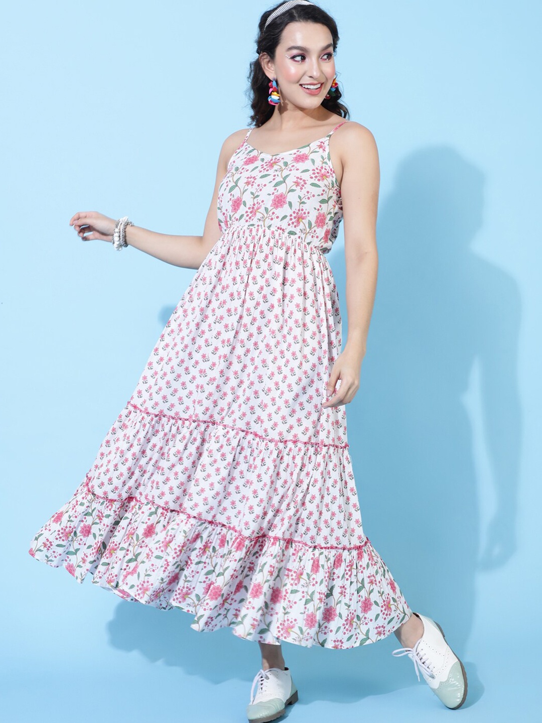 

GULMOHAR JAIPUR Ethnic Motifs Printed Gathered Detailed Cotton Maxi Dress, White