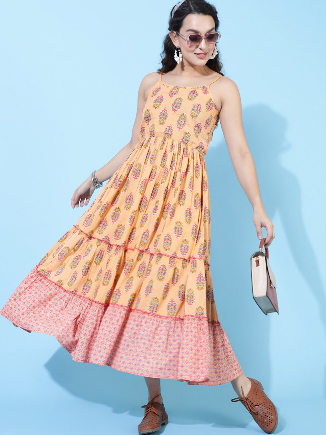 

GULMOHAR JAIPUR Floral Print Shoulder Strap Jaipur Cotton Fit & Flare Midi Dress, Mustard