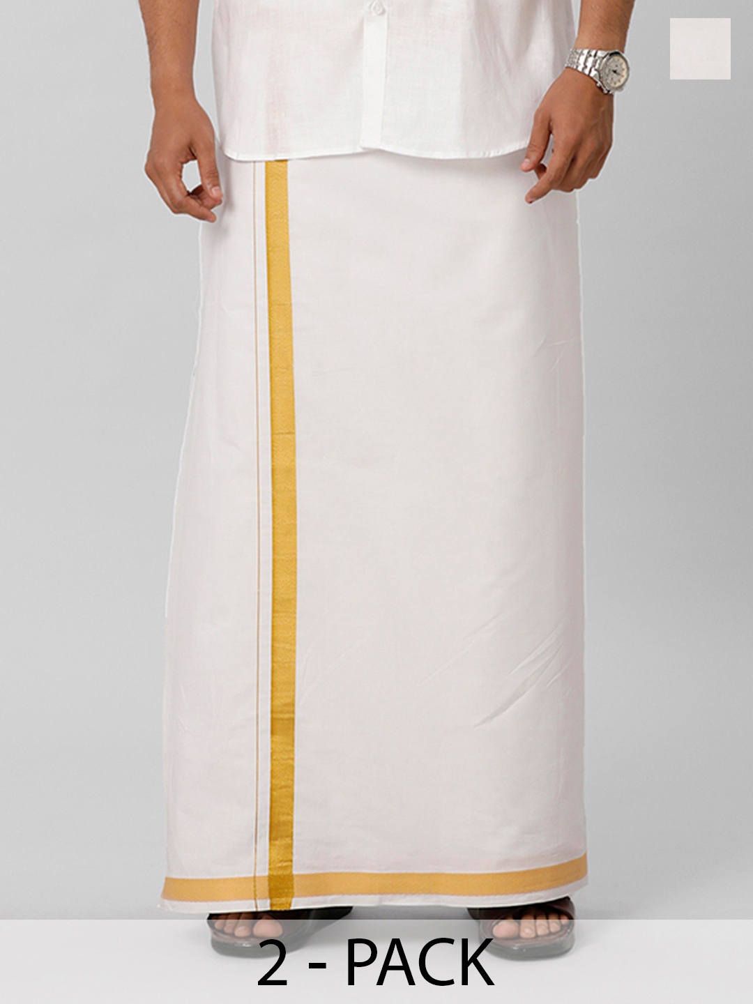

Ramraj Men Pack of 2 Cotton Solid Dhotis with Golden Zari Border, White