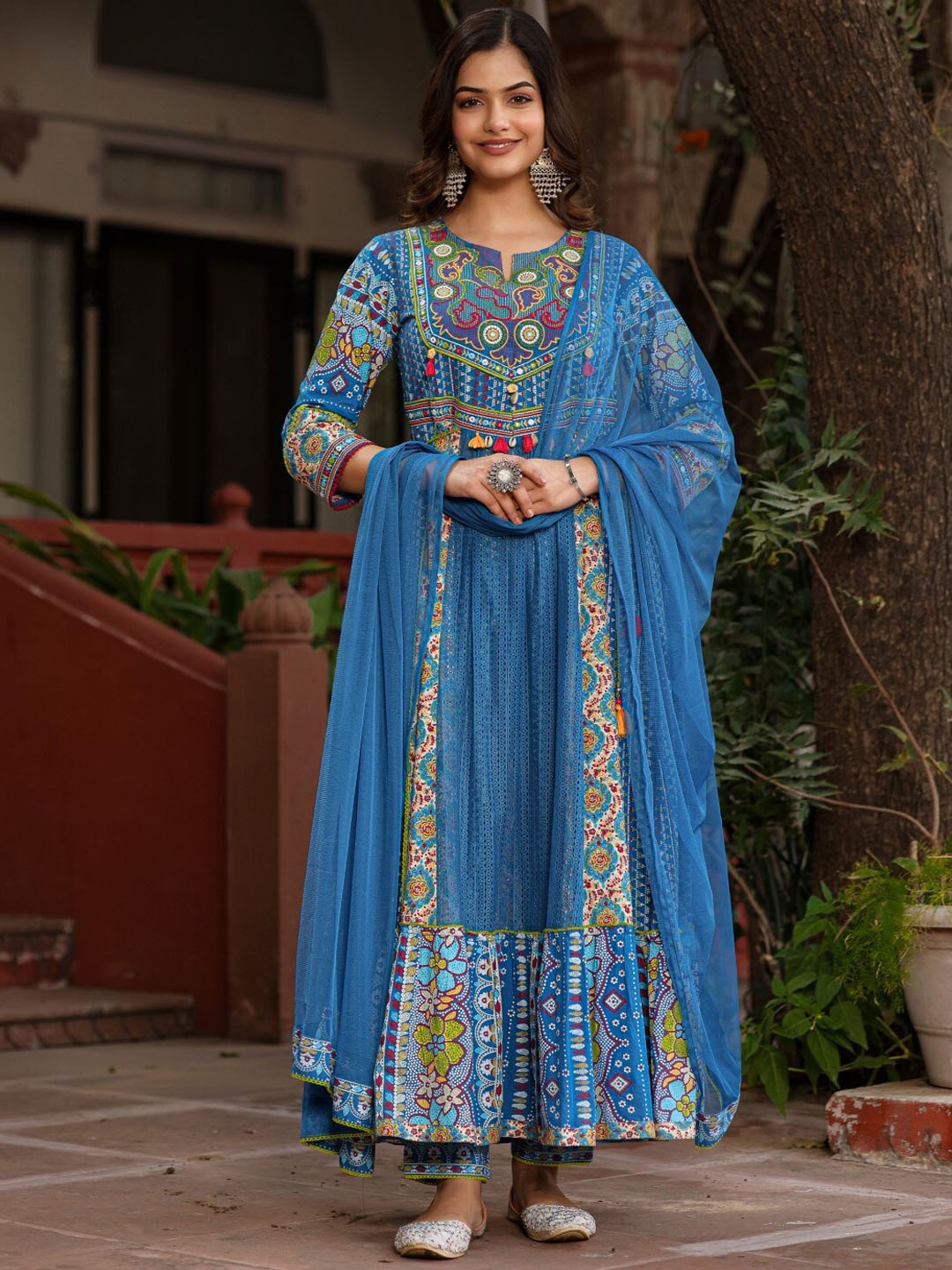 Juniper Embroidered Kantha Work Pure Cotton Anarkali Empire Kurta with Trousers & Dupatta, Blue