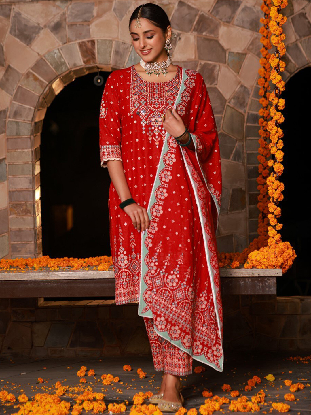 

Juniper Ethnic Embroidered Sequinned Pure Cotton Straight Kurta with Trousers & Dupatta, Red