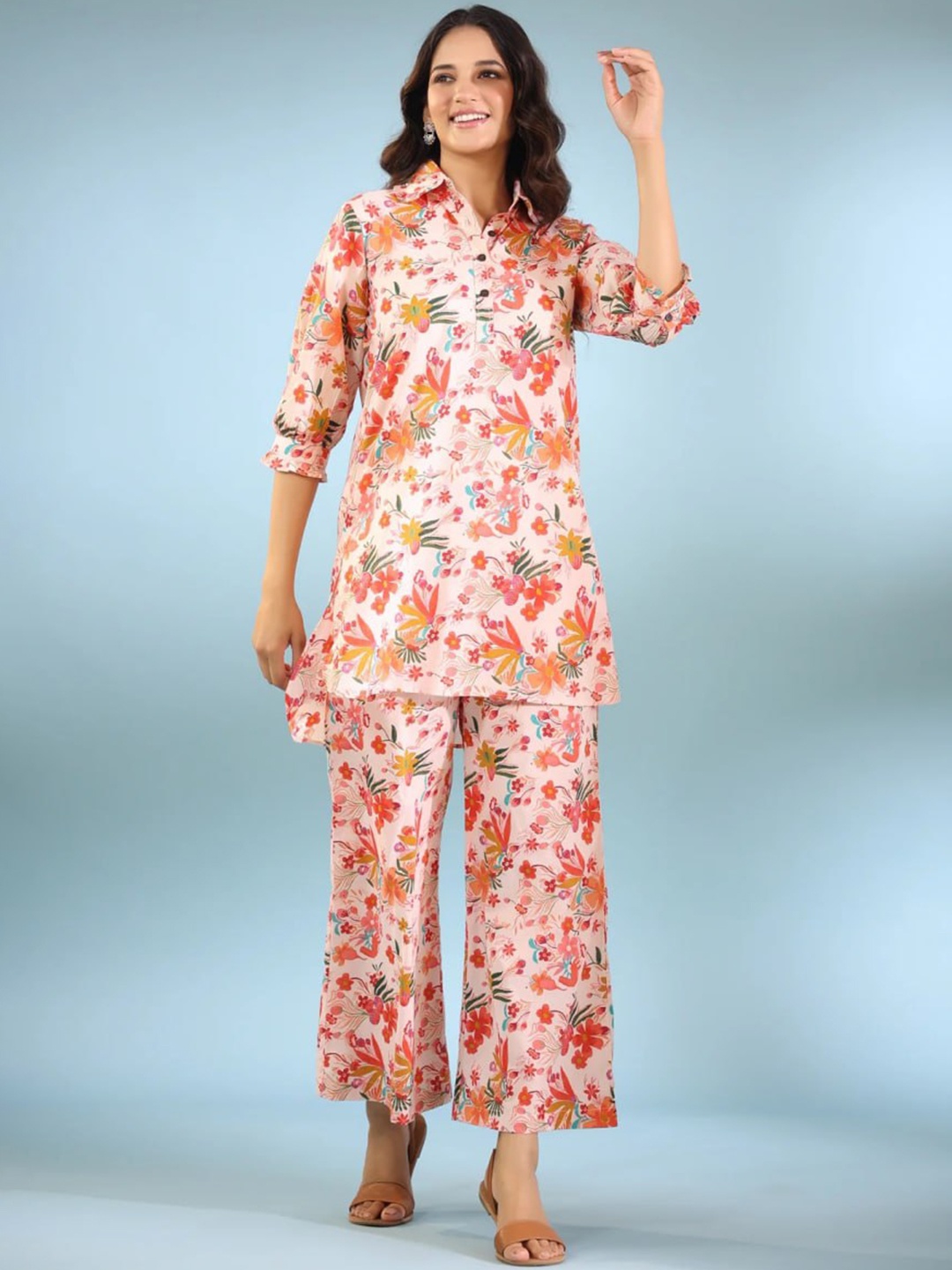 

ISHA TRADE Printed Top With Palazzos, Orange