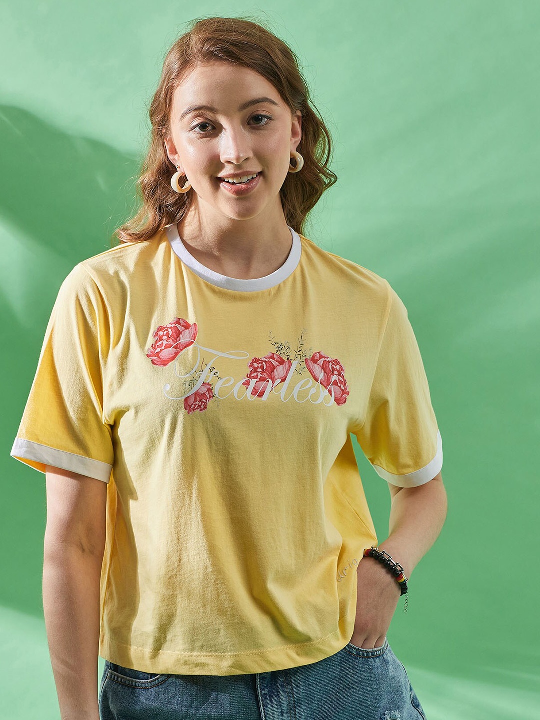 

EDRIO Floral Print Round Neck Regular Sleeves Cotton Top, Yellow