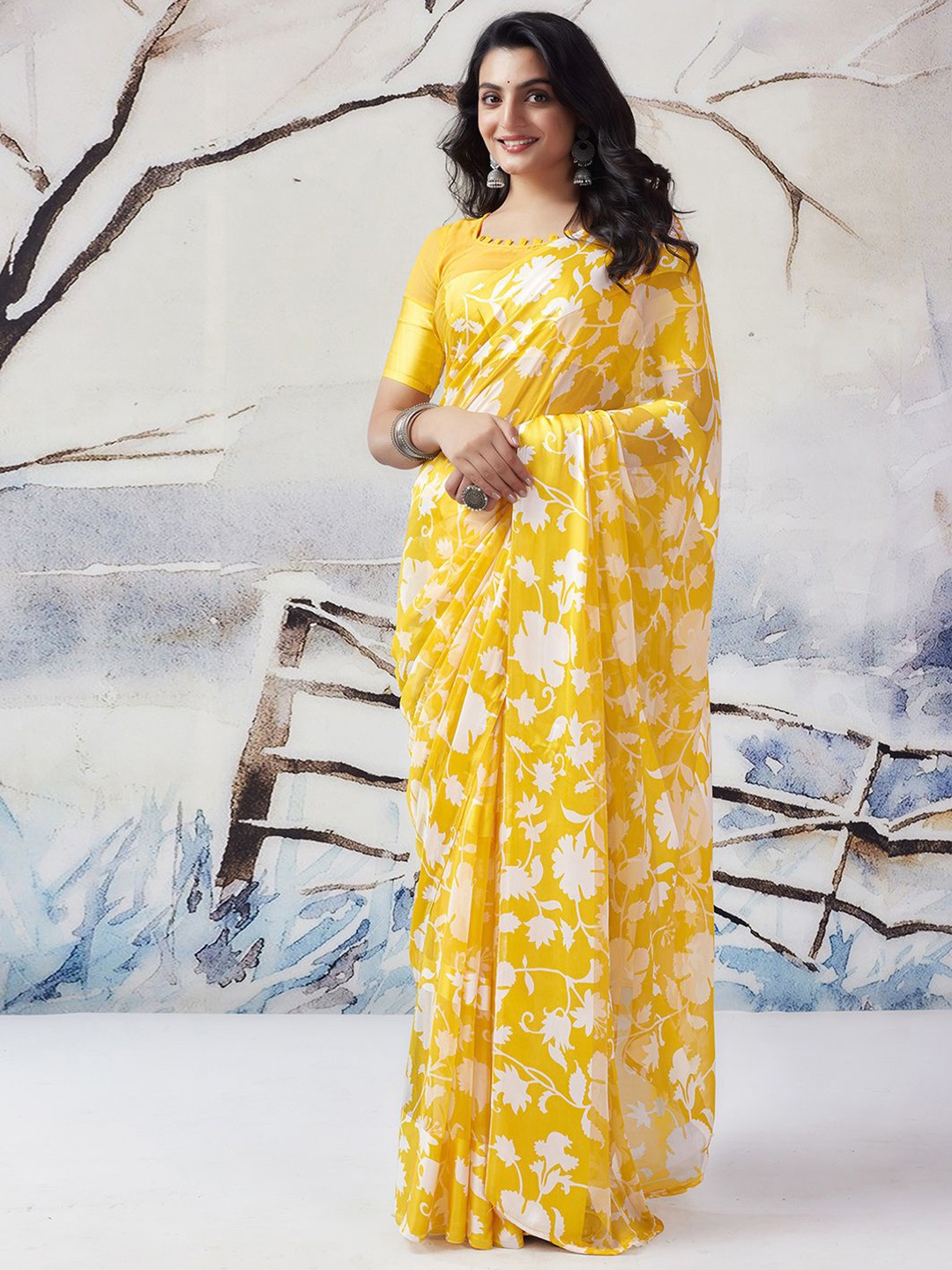 

KALINI Floral Printed Saree, Yellow