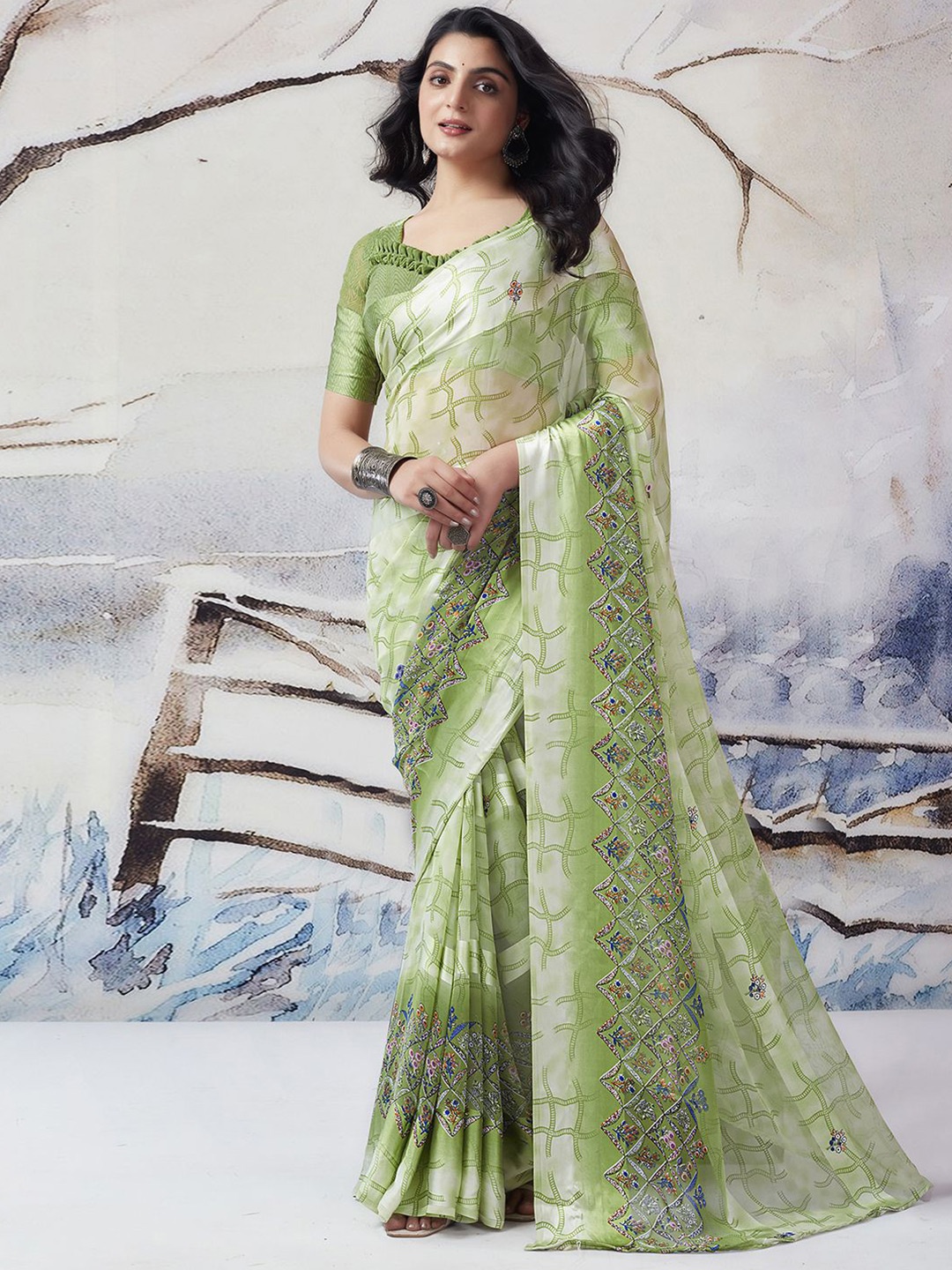 

KALINI Checked Ikat Saree, Lime green