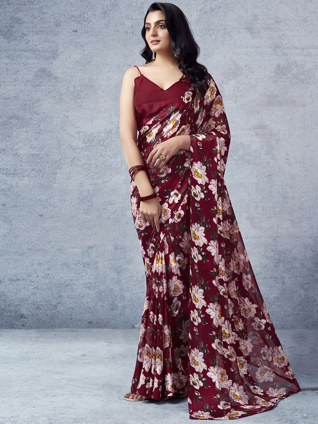 

KALINI Floral Printed Ikat Saree, Maroon