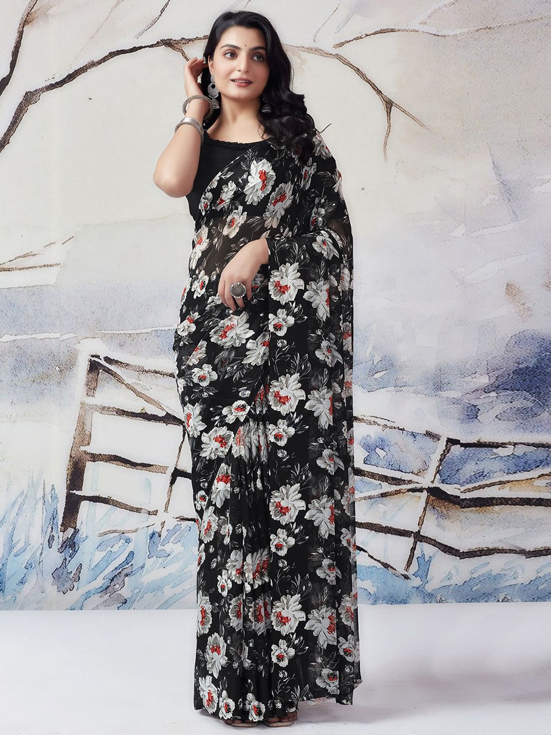 

KALINI Floral Printed Ikat Saree, Black