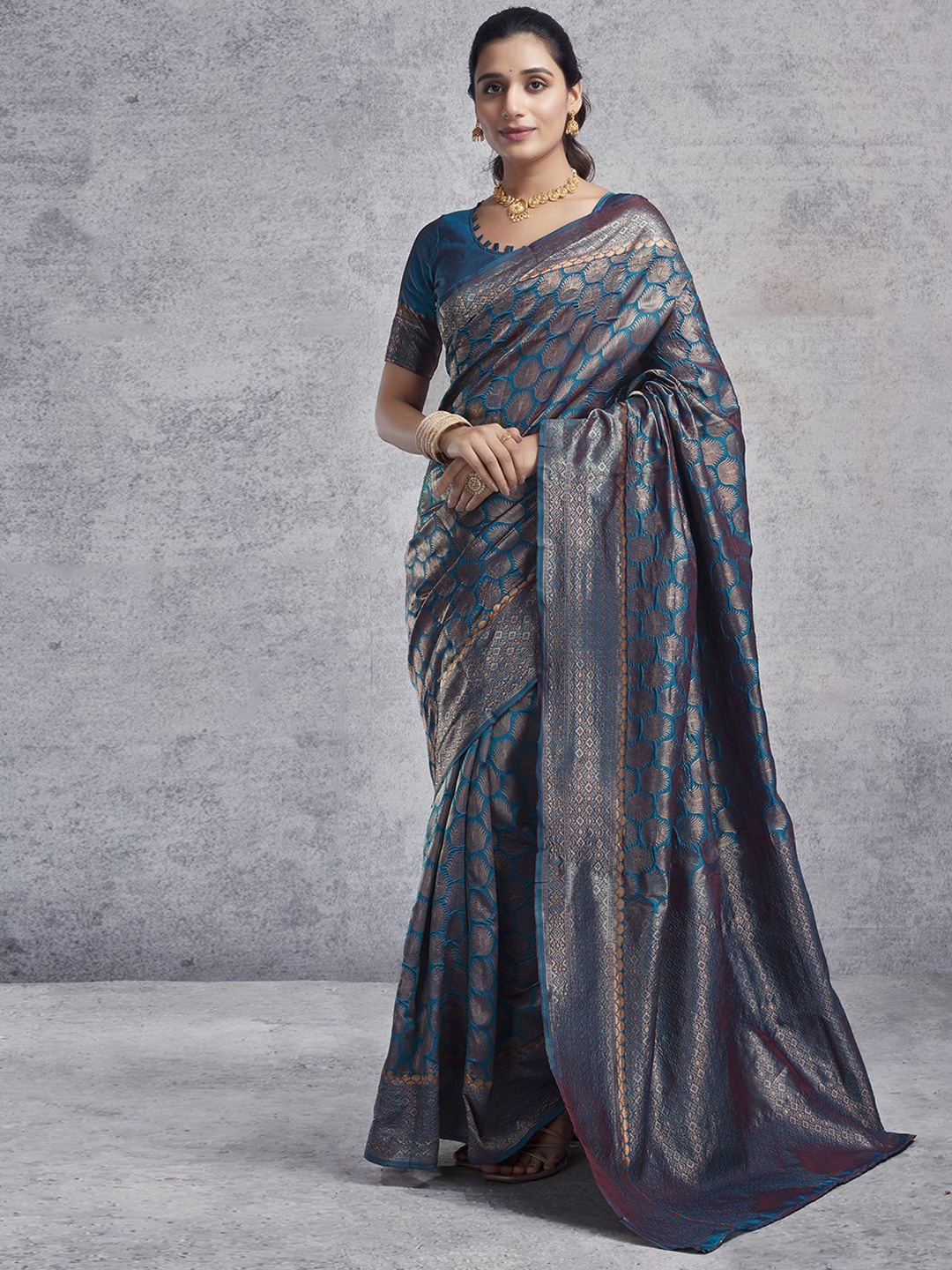 

KALINI Ethnic Motifs Zari Art Silk Banarasi Saree, Teal