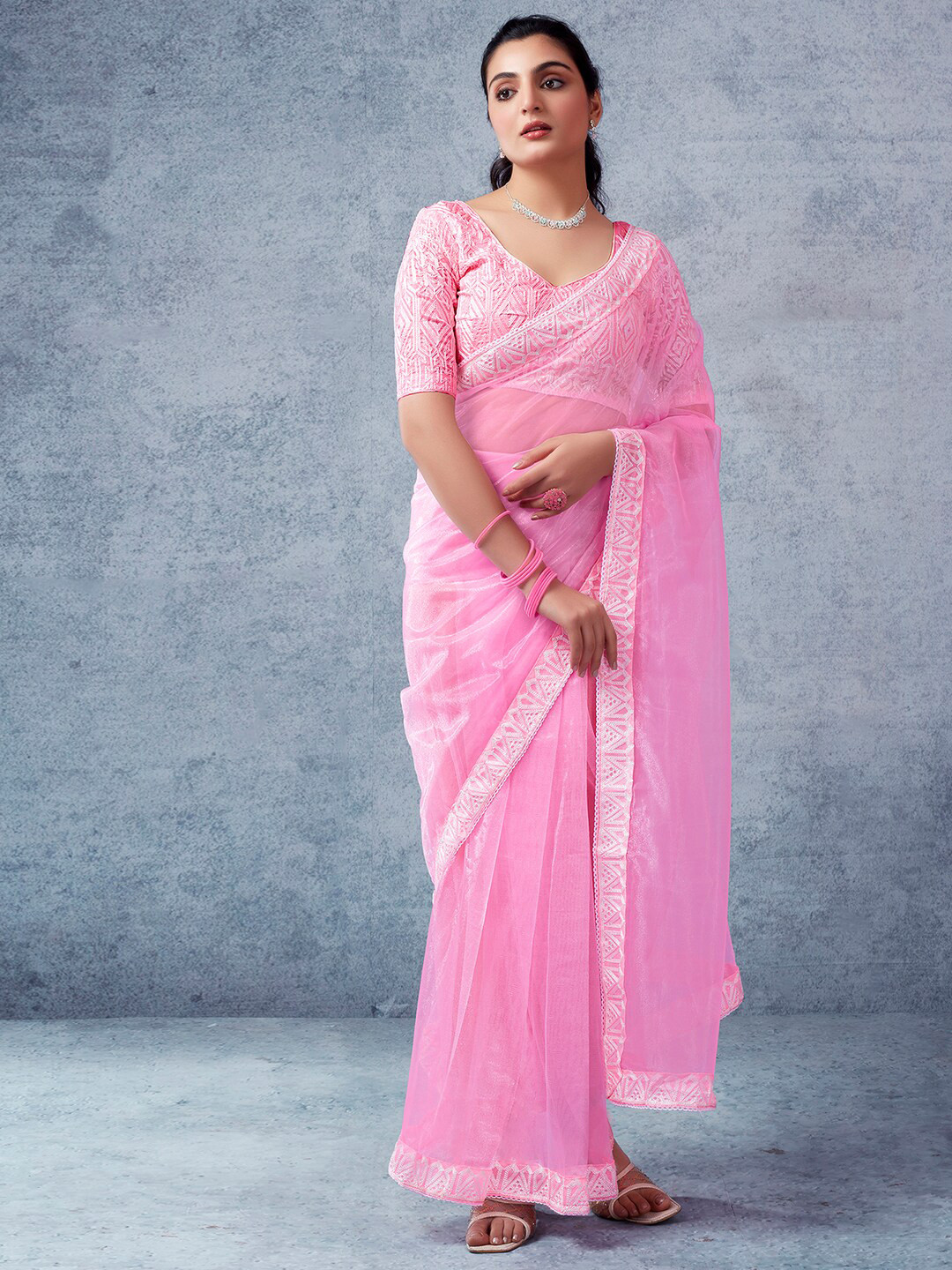 

Mitera Embroidered Organza Ready to Wear Dabu Saree, Pink