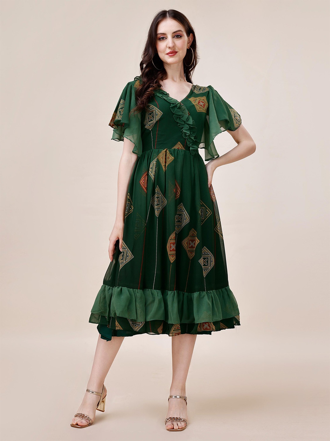 Fashion2wear Print Flared Sleeve Georgette Fit & Flare Midi Dress, Green