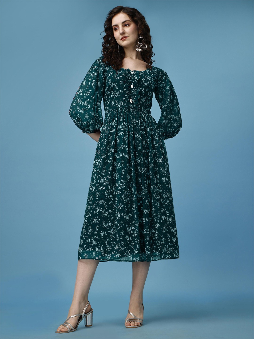 

Fashion2wear Floral Print Georgette Fit & Flare Midi Dress, Green