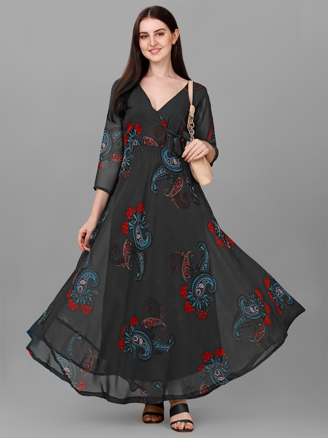 

Fashion2wear Floral Print Georgette Maxi Dress, Black