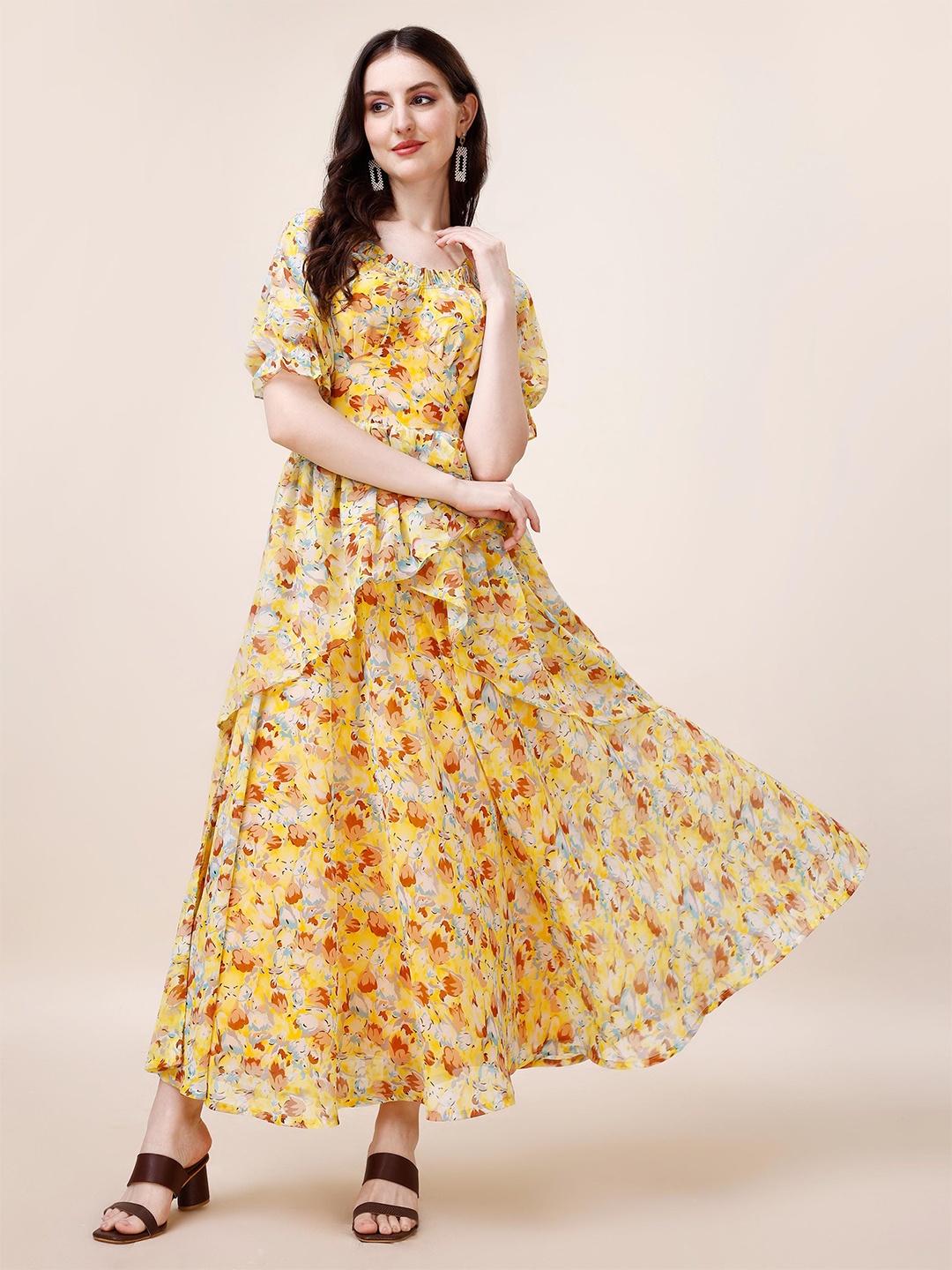 

Fashion2wear Floral Print Puff Sleeve Ruffled Georgette Maxi Dress, Yellow