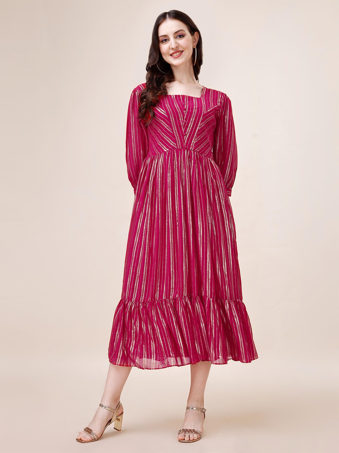 

Fashion2wear Striped Georgette Fit & Flare Midi Dress, Pink