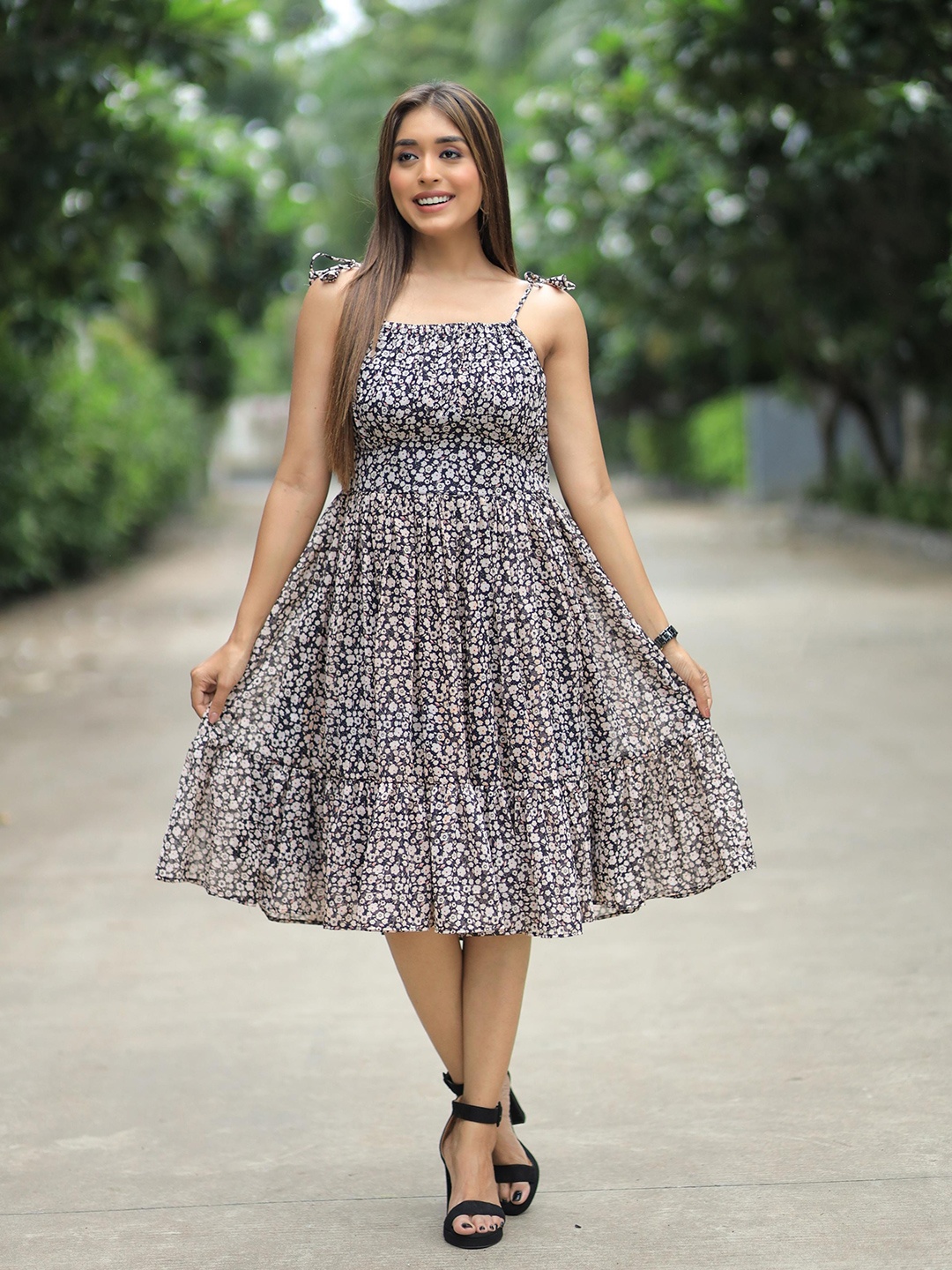 

Fashion2wear Floral Print Georgette Fit & Flare Dress, Black