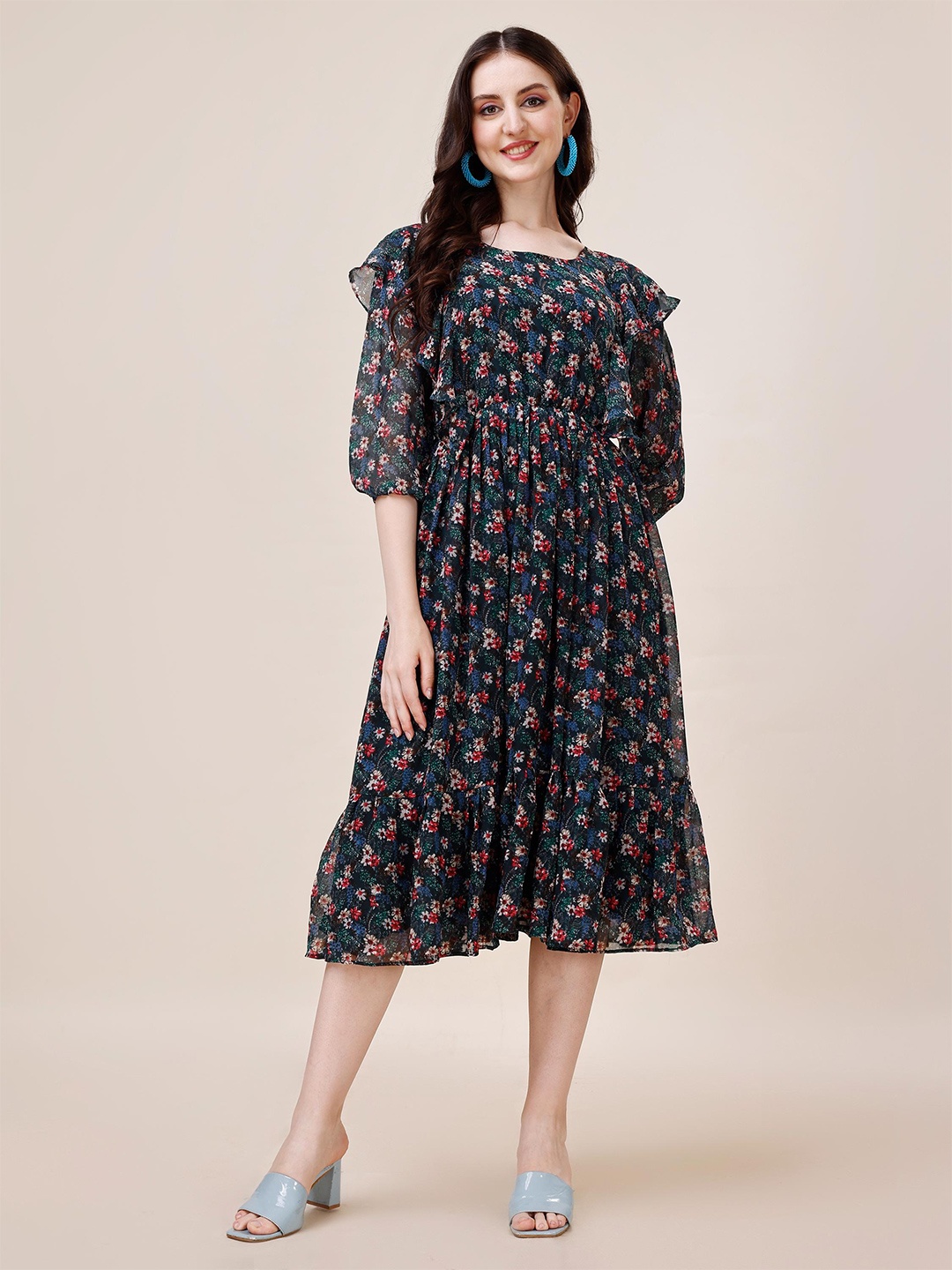 Fashion2wear Floral Print Puff Sleeve Georgette Fit & Flare Midi Dress, Green